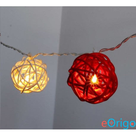 IRIS Gömb alakú fonott/rattan/4m/fehér + piros/20db LED-es/3xAA elemes fénydekoráció (101-07)