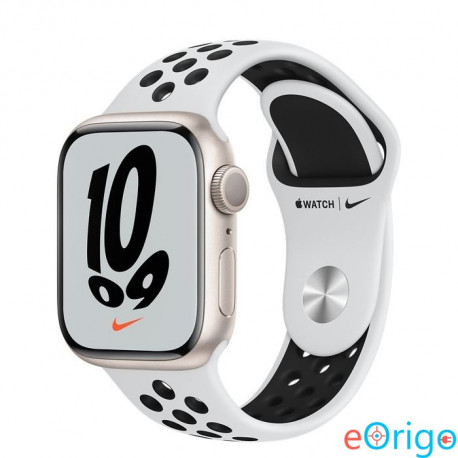 Apple Watch Series 7 GPS 45mm csillagfény aluminium tok, Nike sportszíj platinaszín-fekete (MKNA3HC/A)